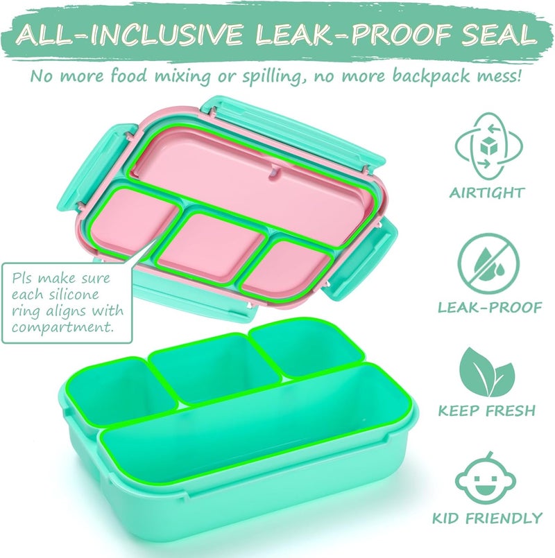 QQKO Bento Box for Kids Adults, School Toddler Lunch Box for Boys Girls, Lunch Box Containers with 4 Compartments, Sauce Container, Utensils, Food Picks and Muffin Cups for School, Pink Green - Image 5